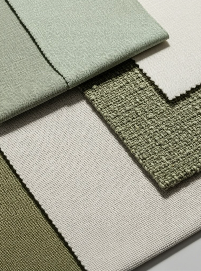 Green and cream curtain fabric samples